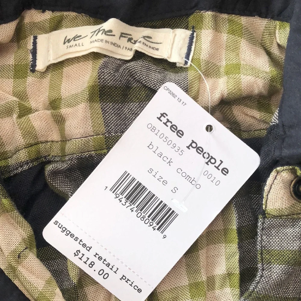 Free People Black Plaid Ruched Sleeve Pacific Dawn Button Down Shirt Small